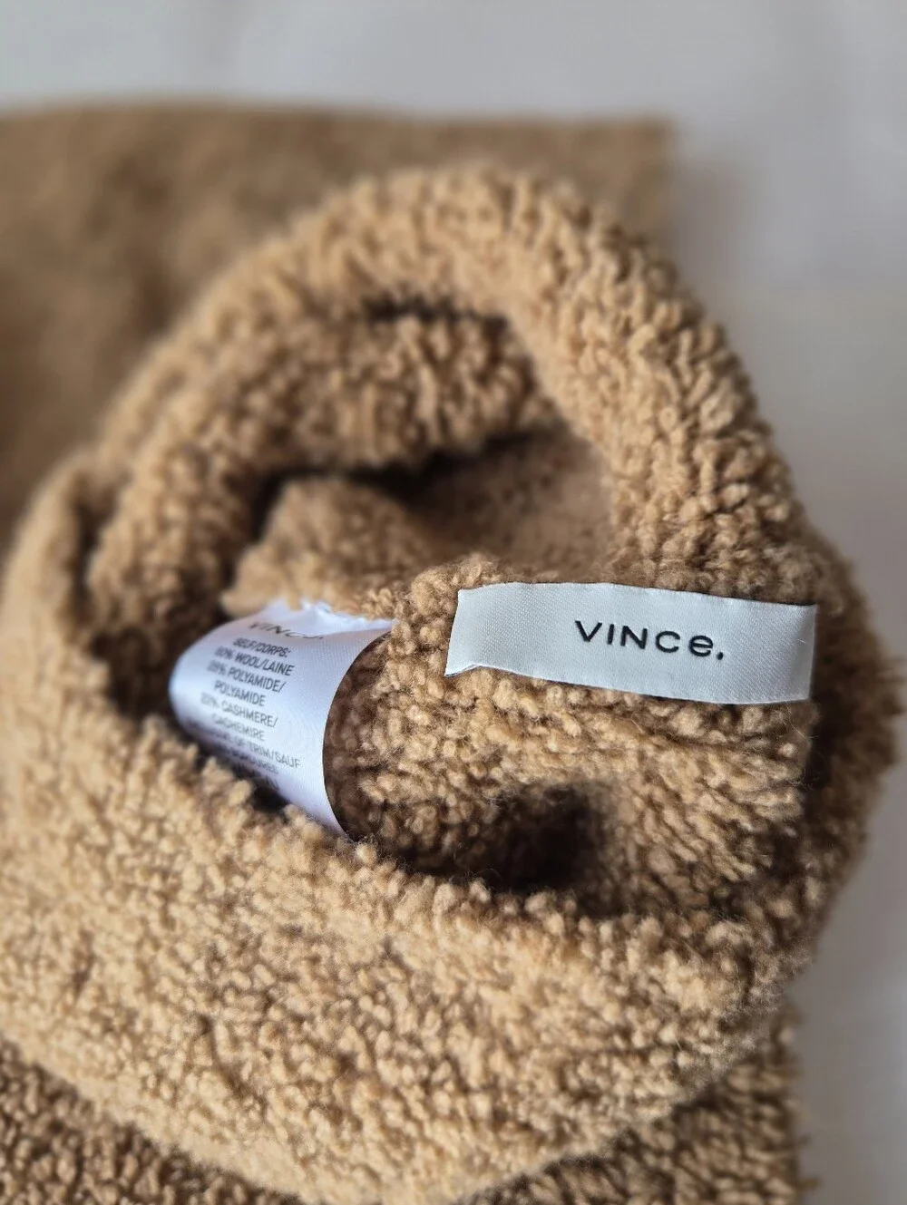 Vince Wool Cashmere Teddy Boucle Beanie Scarf Set Mocha Camel Cozy Quiet Luxury